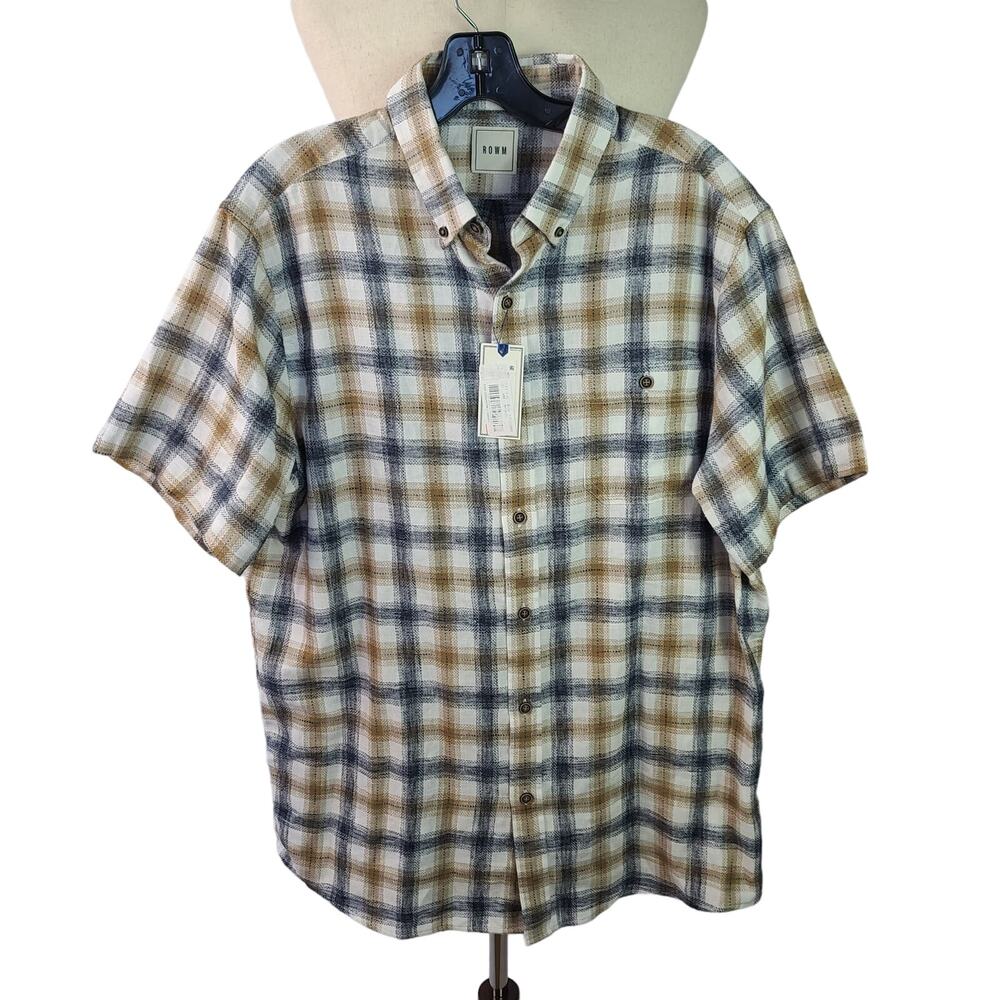 ROWN Brown Red Plaid PAIR Men's Short Sleeve Button Up Shirts NEW Large